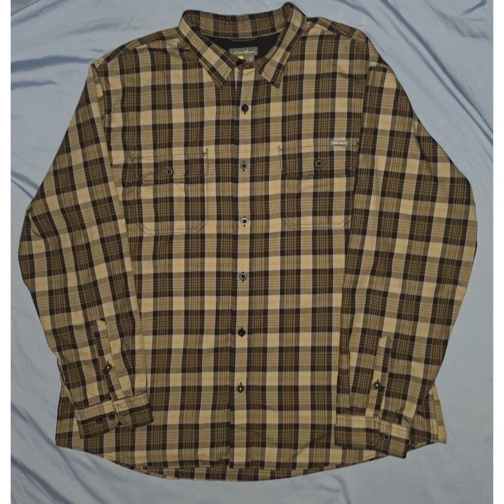 Eddie Bauer Travex Men Size 2XL Brown Plaid Long Sleeve Heavy Cotton Button